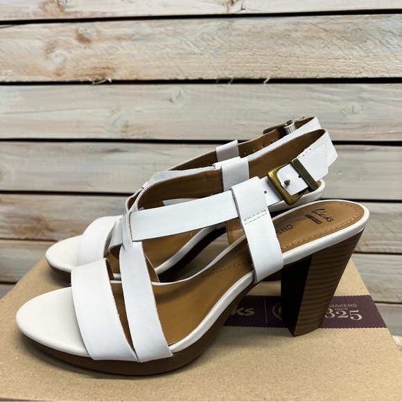New Clarks Jaelyn Fog White Leather Block Heel Sandals Slingback Comfort 7.5M - Picture 3 of 8